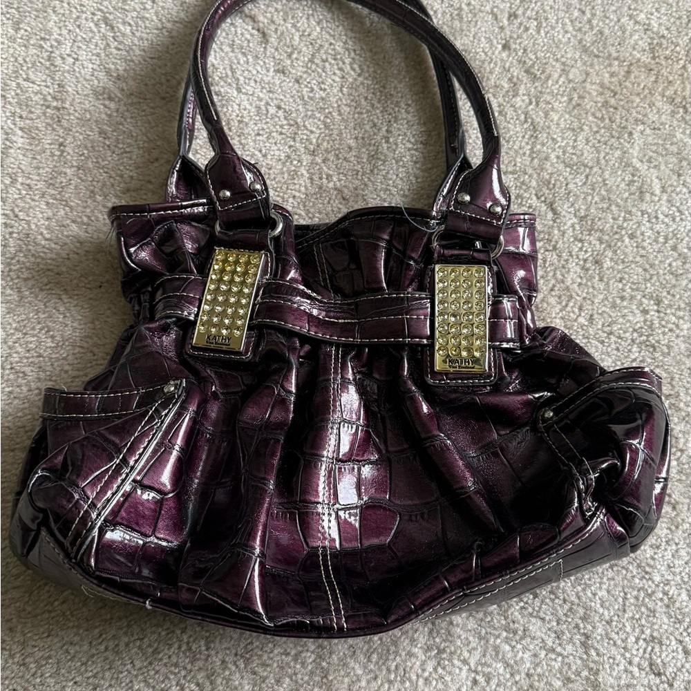 Y2K Kathy Van Zeeland Purple Shoulder Bag with Rhinestone/Metallic Accents.